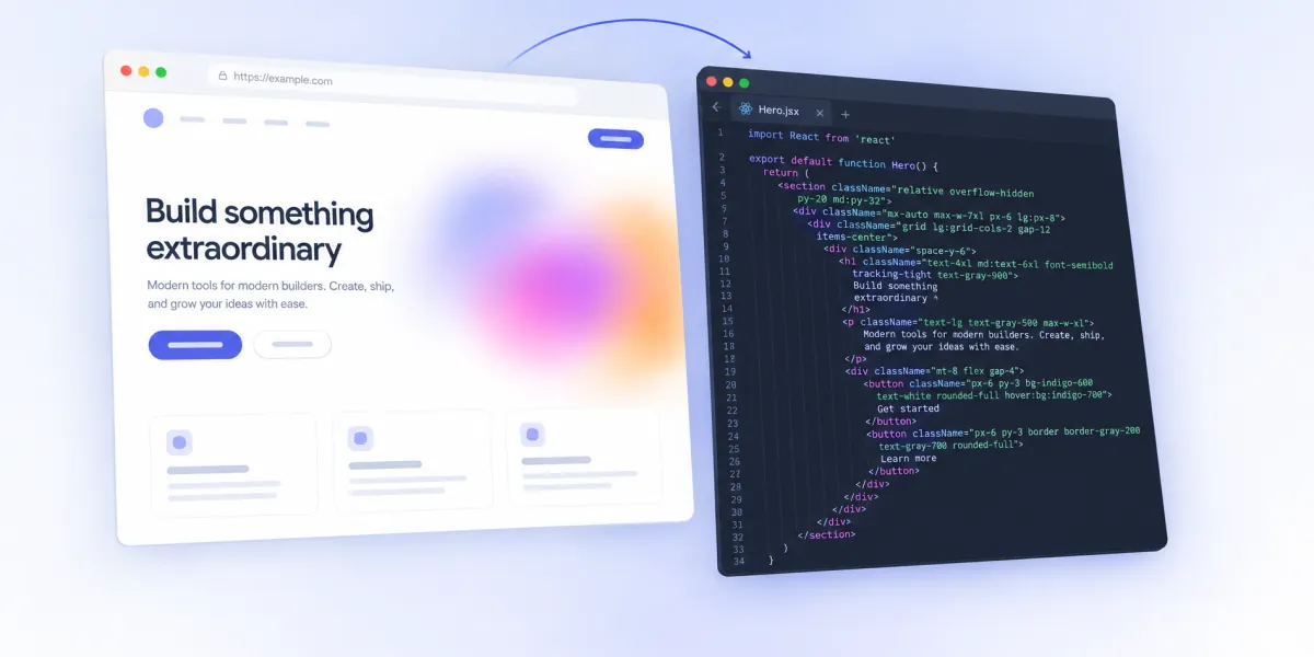 A website on the left turned into React and Tailwind code on the right