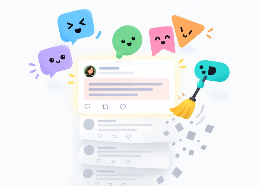 Friendly chat-bubble characters sweeping noisy posts out of a feed