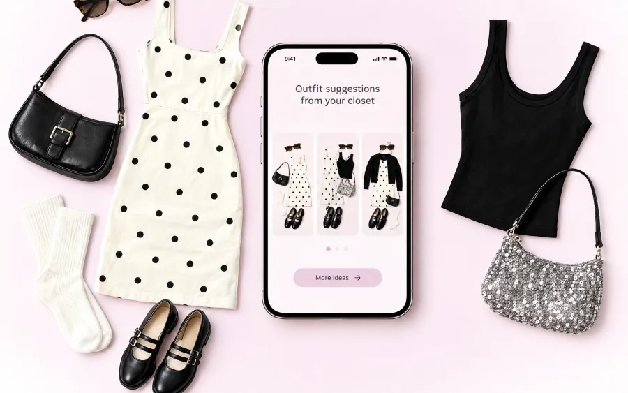 An iPhone suggesting outfits, surrounded by a flat lay of clothes